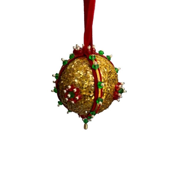Handcrafted Other - Vintage Gold Glittered Jeweled Handcrafted Ornament C1970's